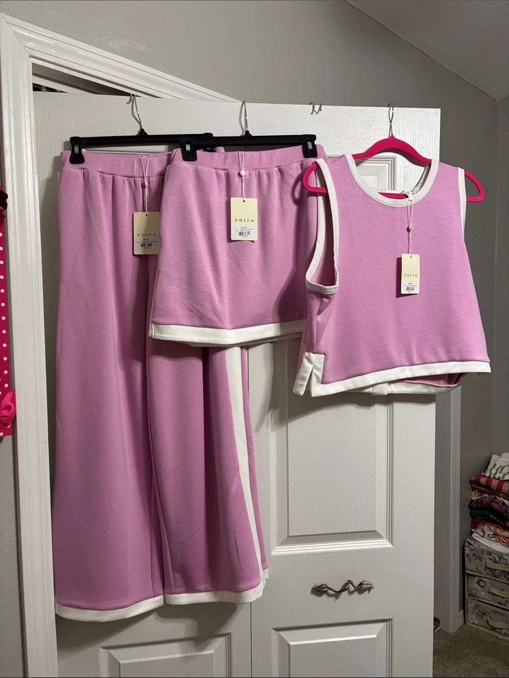 entro Pink Cropped Tank, pants and skort set with White Trim - Picture 1 of 16
